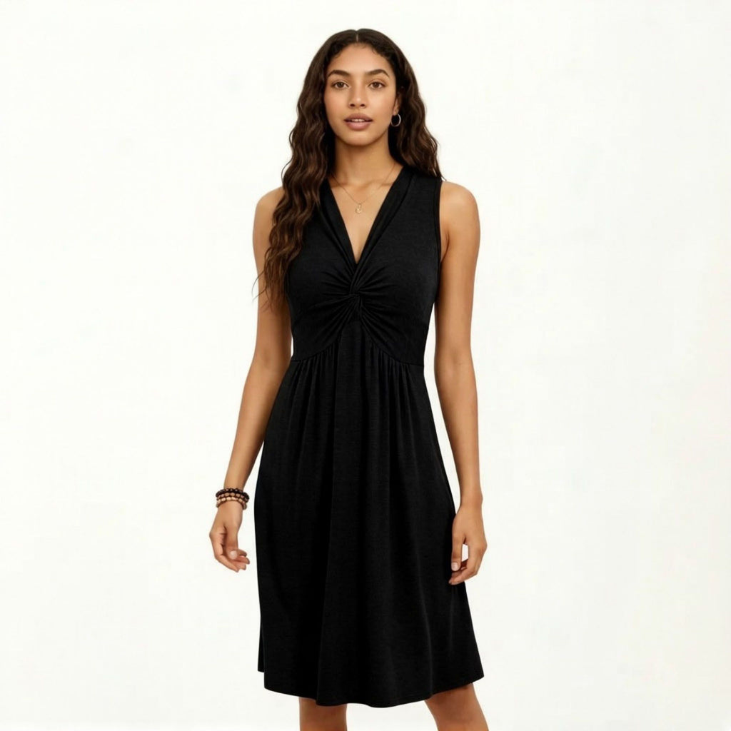 Anna-Kaci Women's Sleeveless V Neck Midi Dress with Front Twist Detail and Flowy A Line Silhouette
