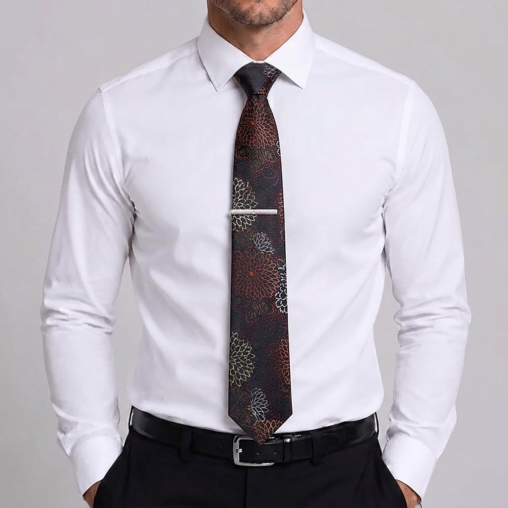 Men's Floral Pattern Tie Gift Set with Matching Pocket Square Cufflinks and Silver Tie Clip