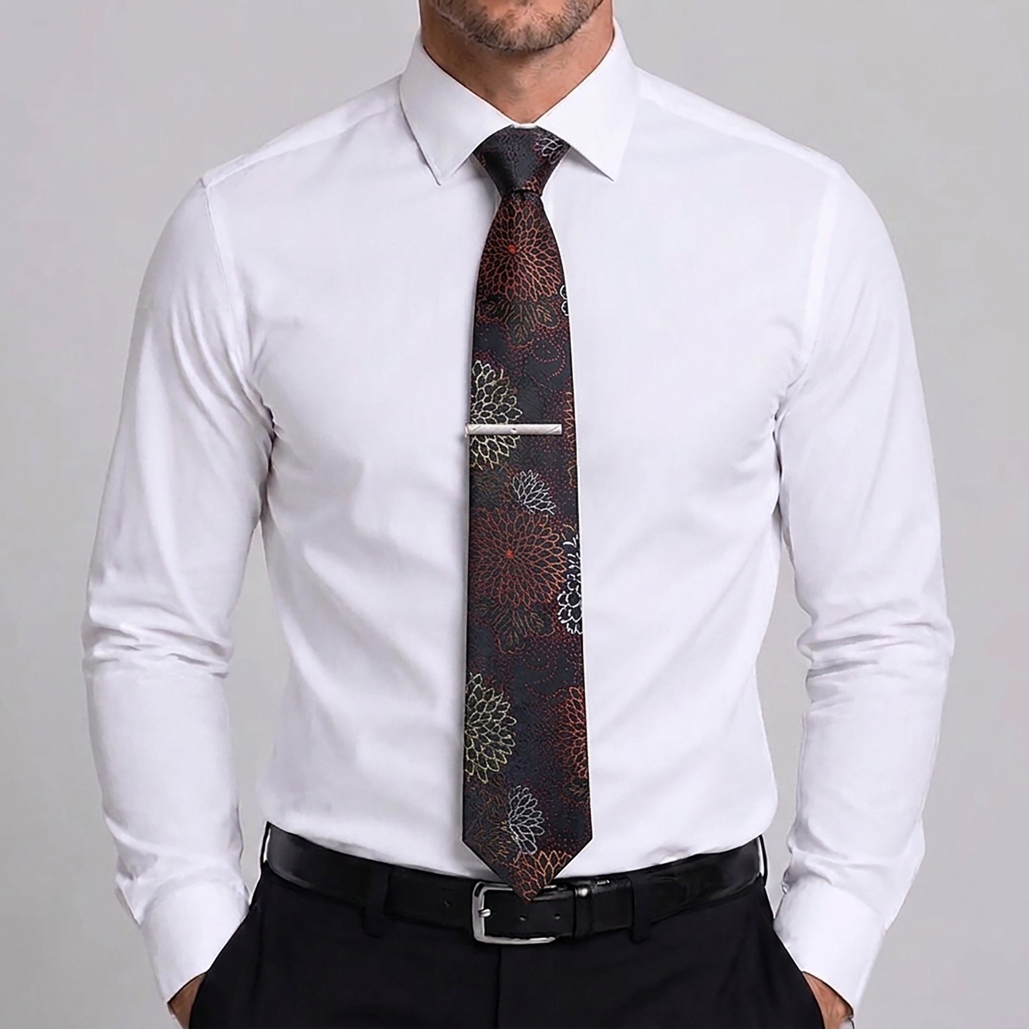 Men's Floral Pattern Tie Gift Set with Matching Pocket Square Cufflinks and Silver Tie Clip