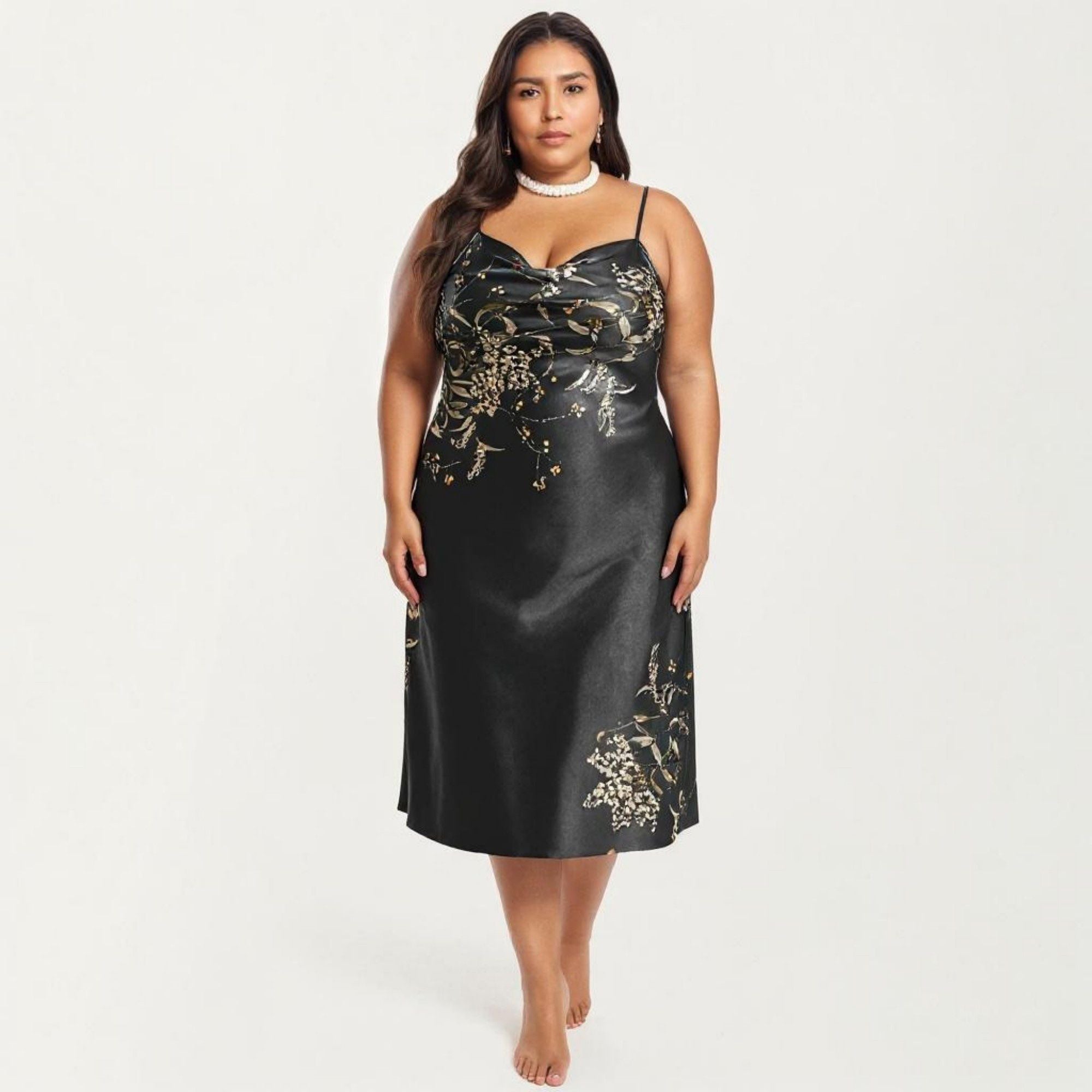 Anna-Kaci Lounge Women's Plus Size Satin Floral Slip Nightgown with Adjustable Spaghetti Straps Cowl Neck Midi Length Sleepwear Dress