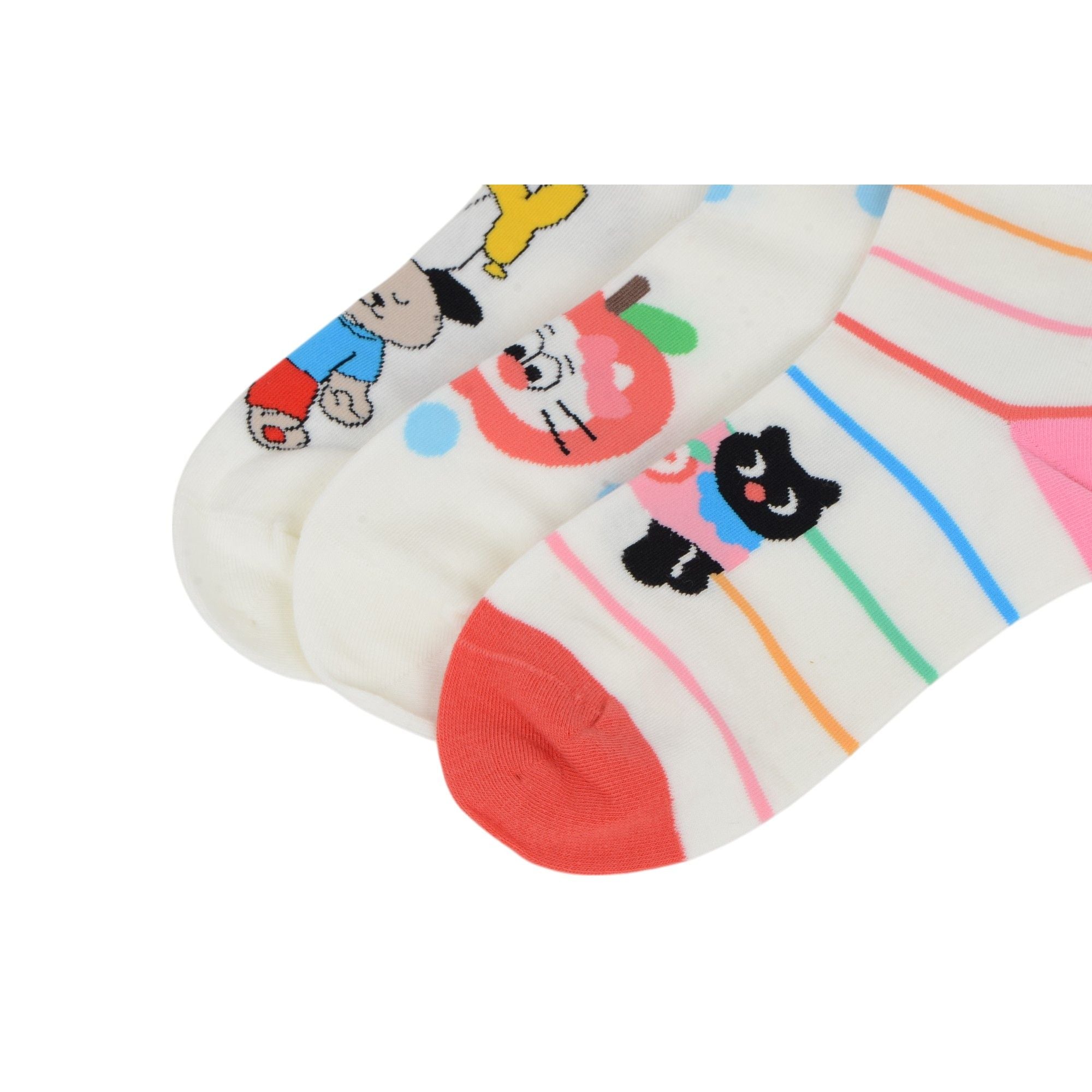 Anna-Kaci Renaissance Women 3-Pair Ankle Socks Set Assorted Patterns Featuring Colorblock, Cartoon Characters, and Butterfly Prints