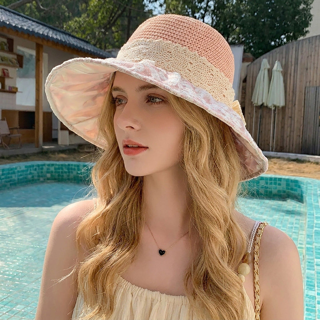Crochet Sun Hat with Lace Bow Accent and Embroidered Sheer Wide Brim