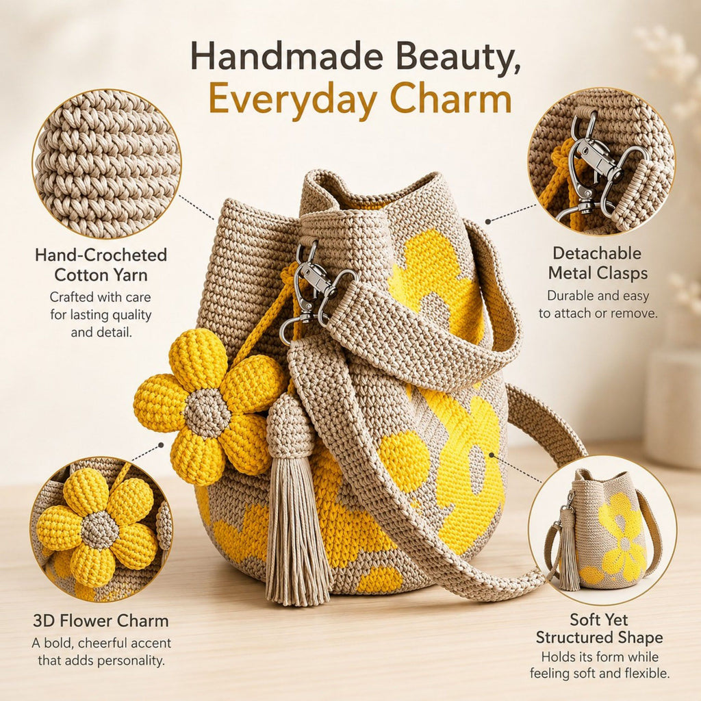 Crochet Floral Bucket Bag with Tassel Charm and Shoulder Strap