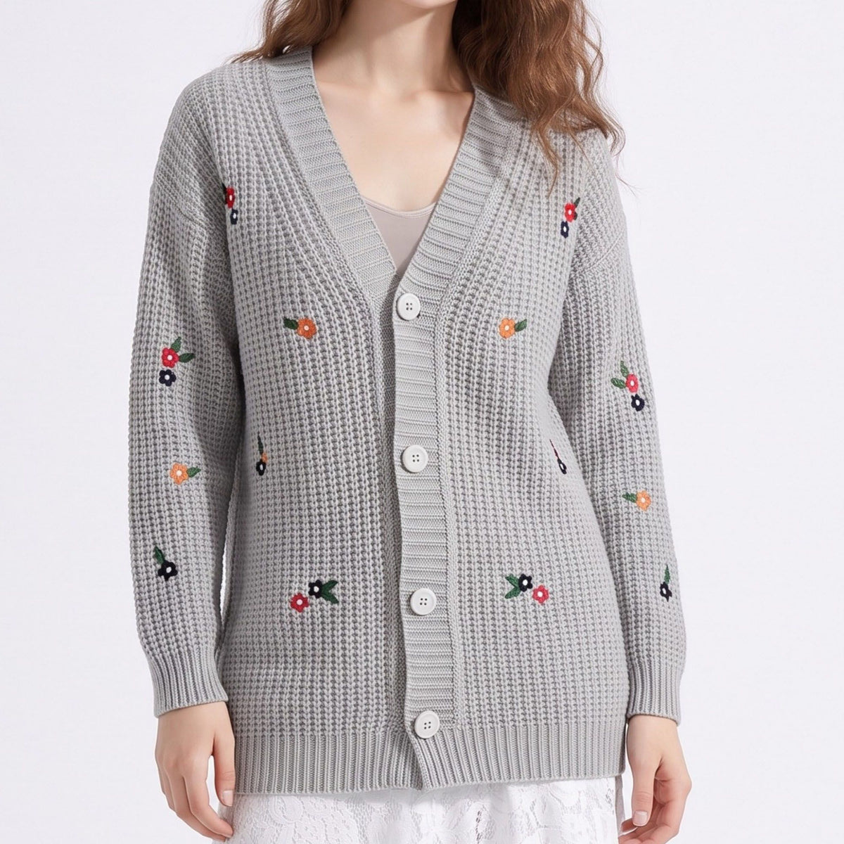 Floral Embroidered Button Front Cardigan