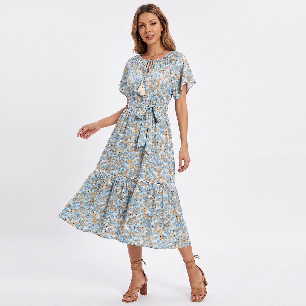Floral Print Midi Dress with Tie Neck Short Flutter Sleeves Belted Waist and Tiered Hem