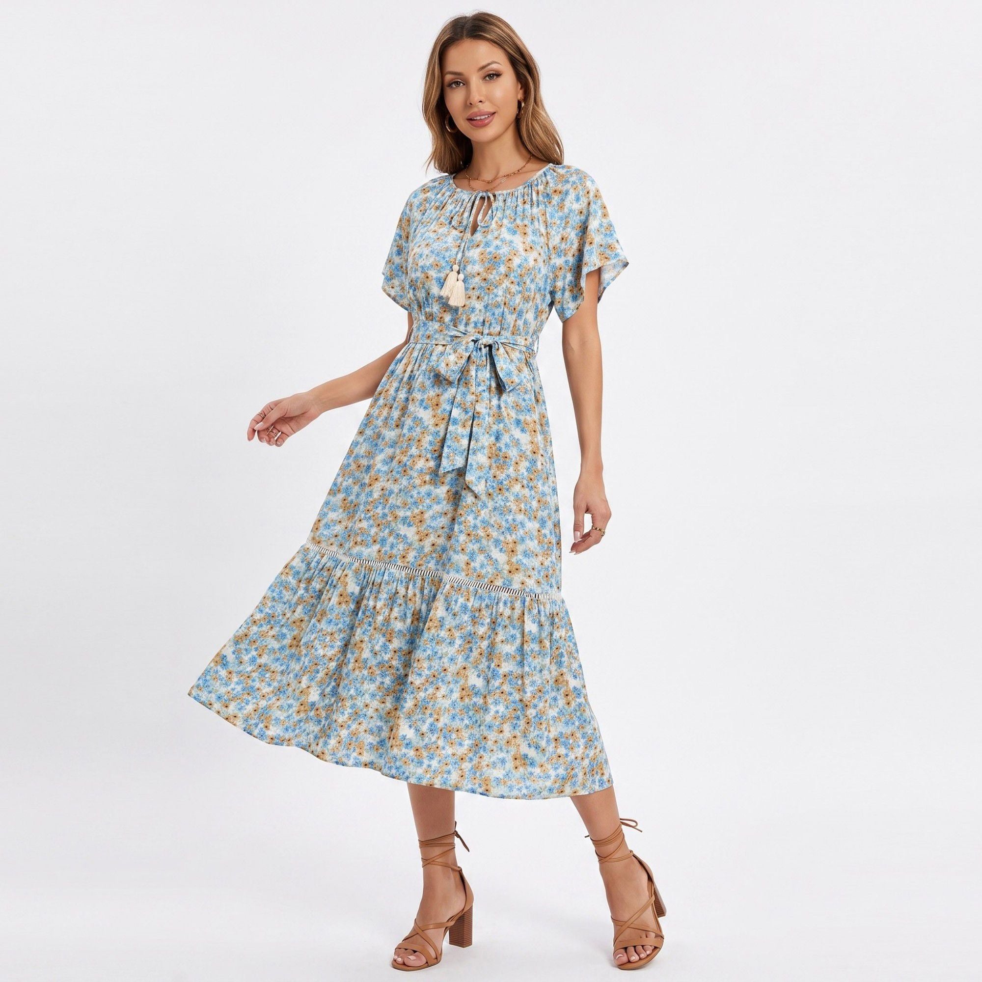 Floral Print Midi Dress with Tie Neck Short Flutter Sleeves Belted Waist and Tiered Hem