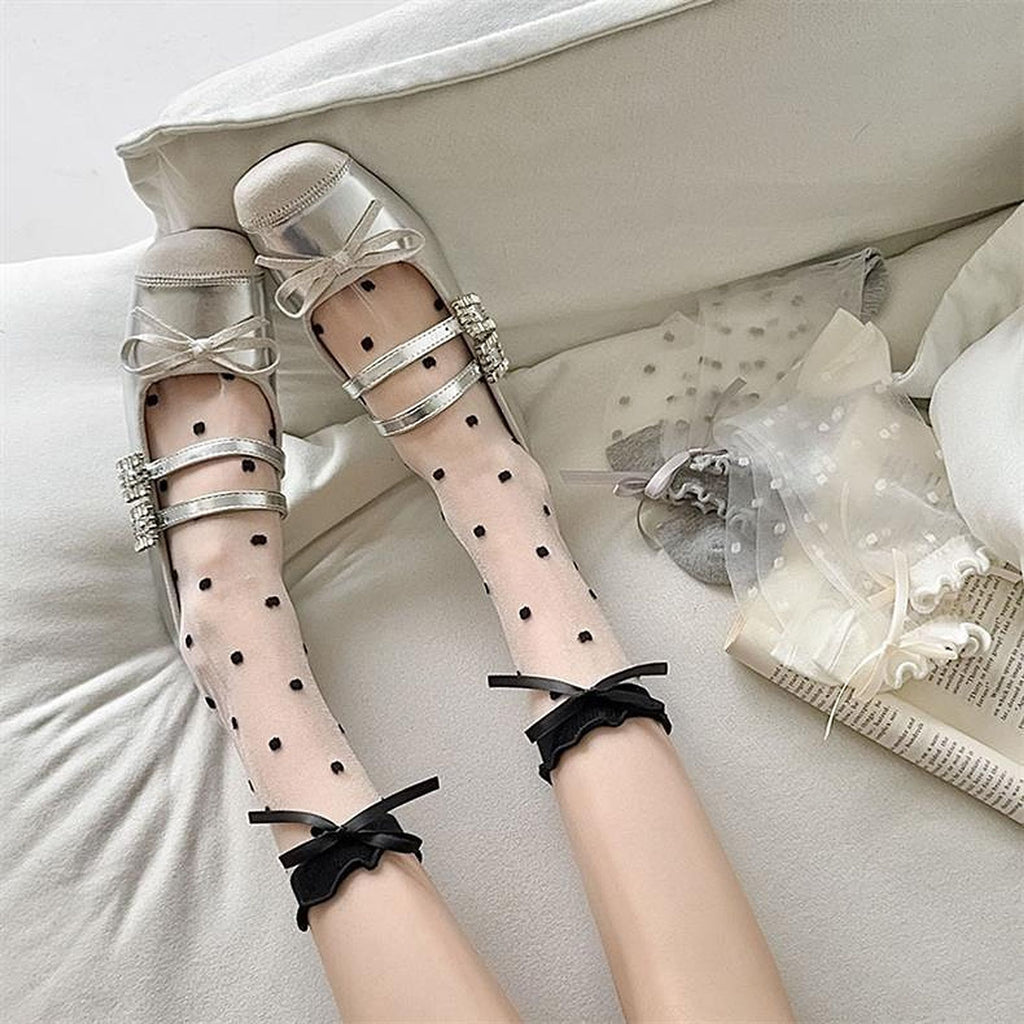 Anna-Kaci Women's Sheer Polka Dot Ankle Socks with Bow Detail 6pk