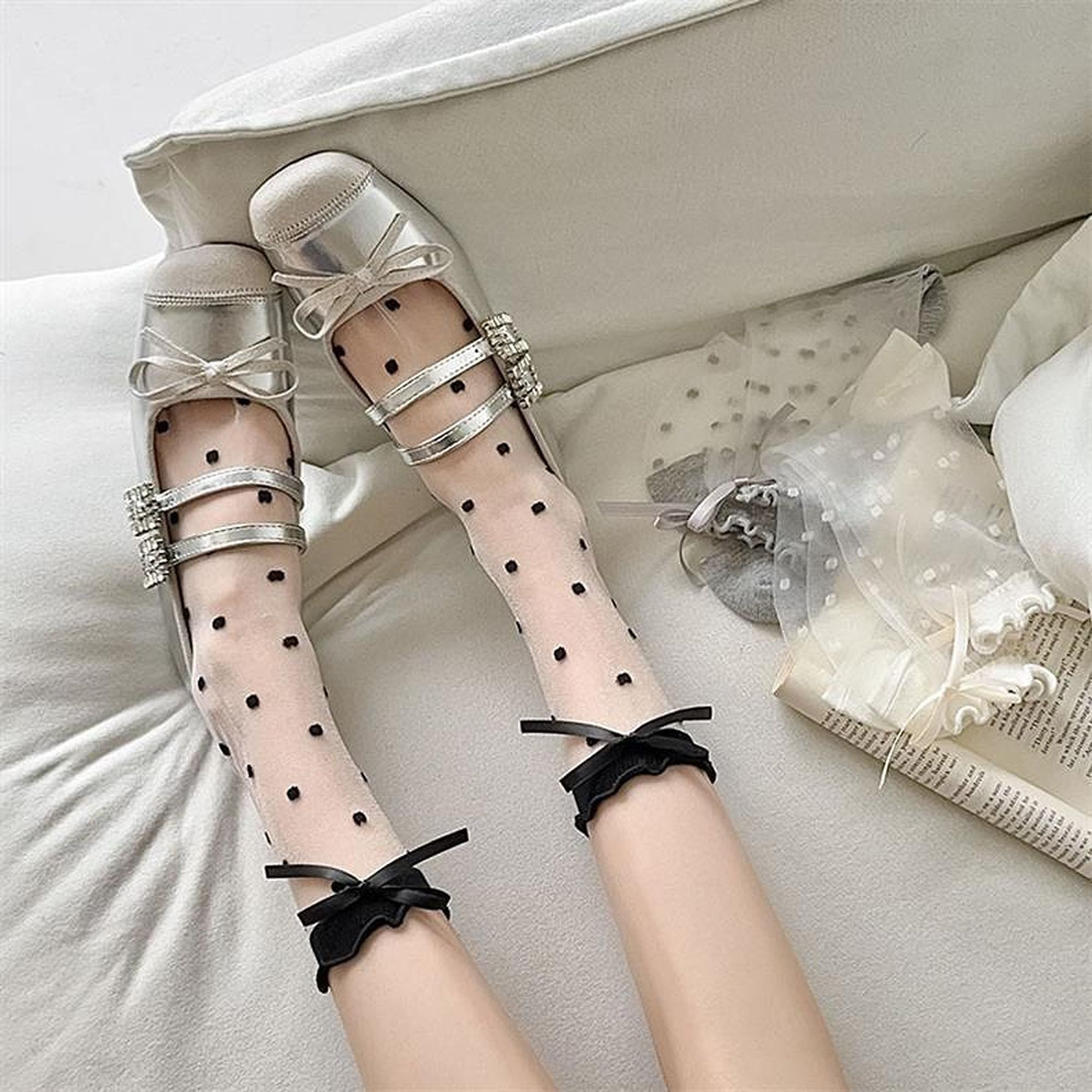 Anna-Kaci Women's Sheer Polka Dot Ankle Socks with Bow Detail 6pk