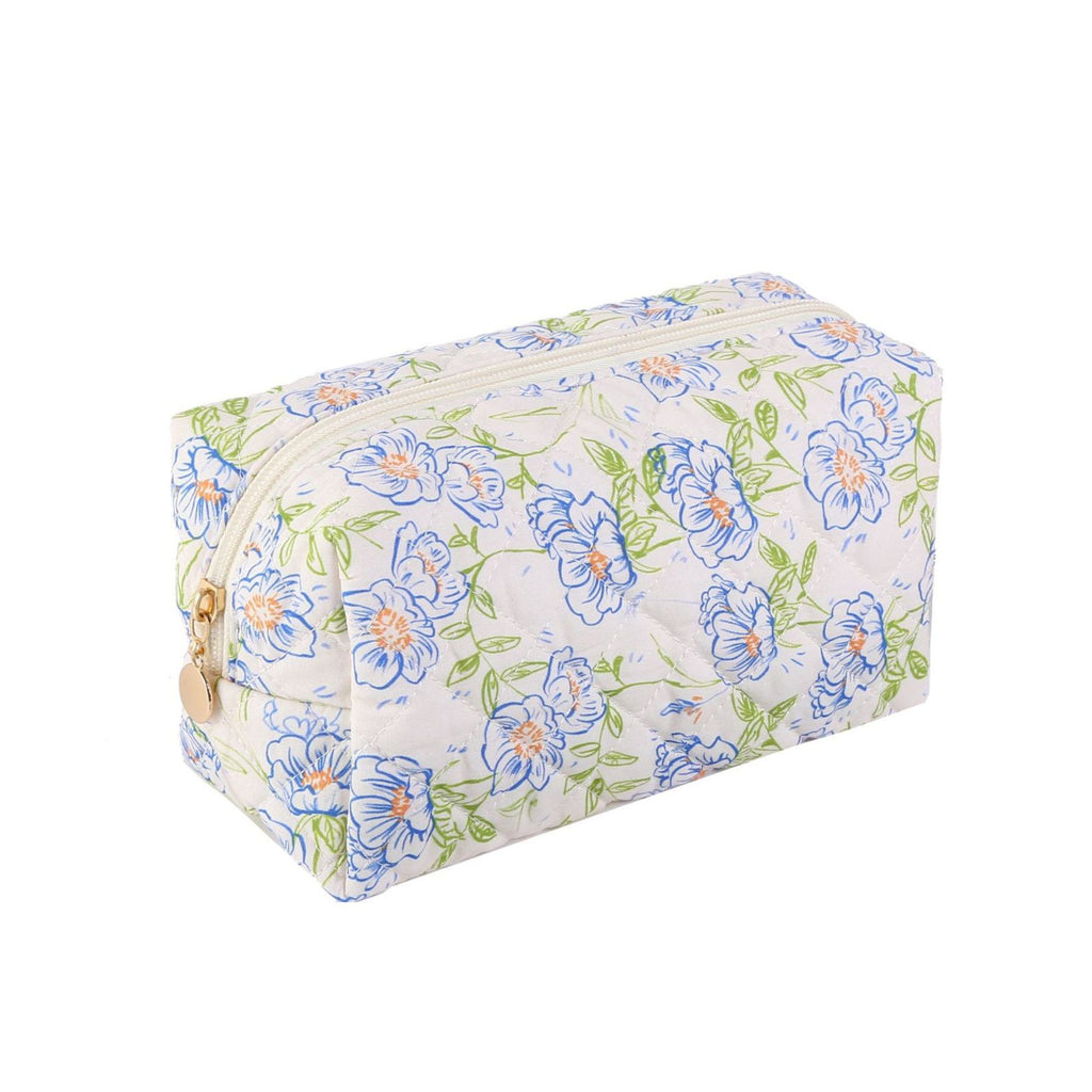 Floral Quilted Makeup Bag Travel Cosmetic Toiletry Pouch with Zipper Closure