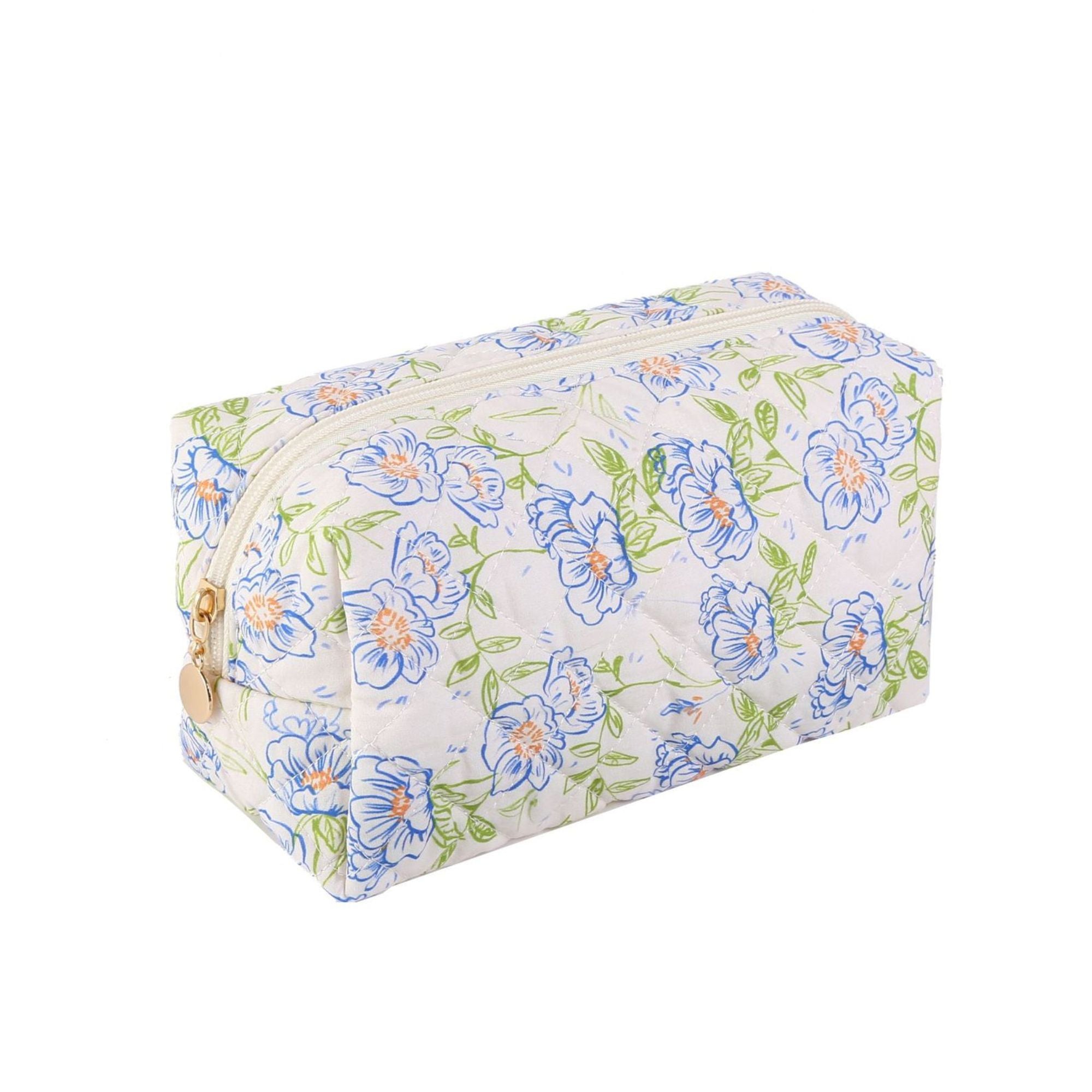 Floral Quilted Makeup Bag Travel Cosmetic Toiletry Pouch with Zipper Closure