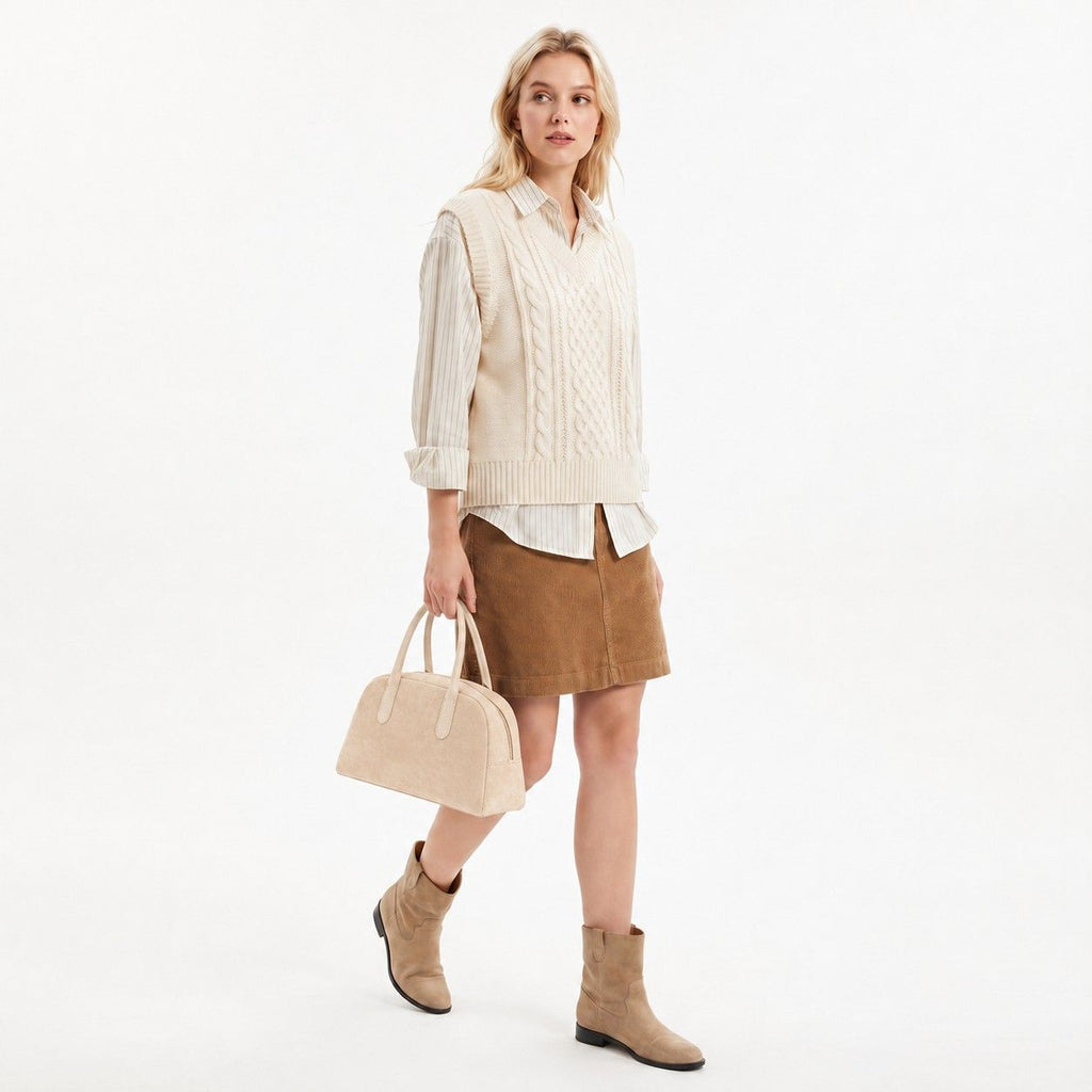 Faux Suede Satchel Bag with Double Handles Zip Closure and Interior Pockets