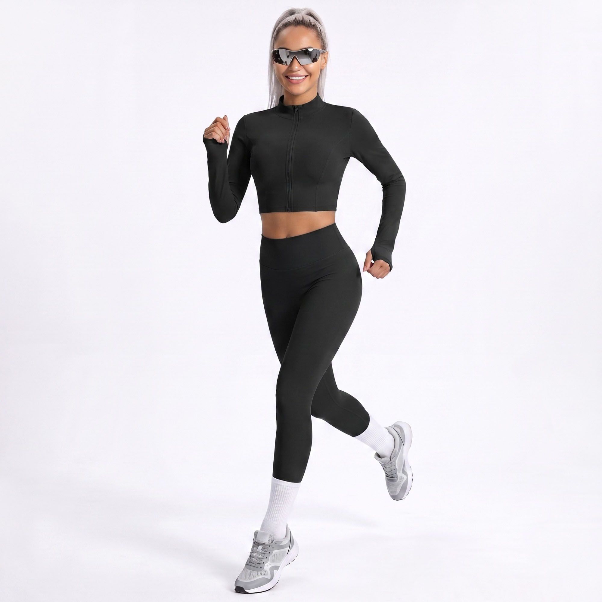 Cropped Full Zip Workout Jacket with Thumbholes