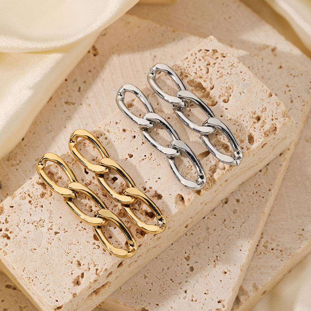 2-Pairs Elongated Chain Link Drop Earrings with Polished Finish