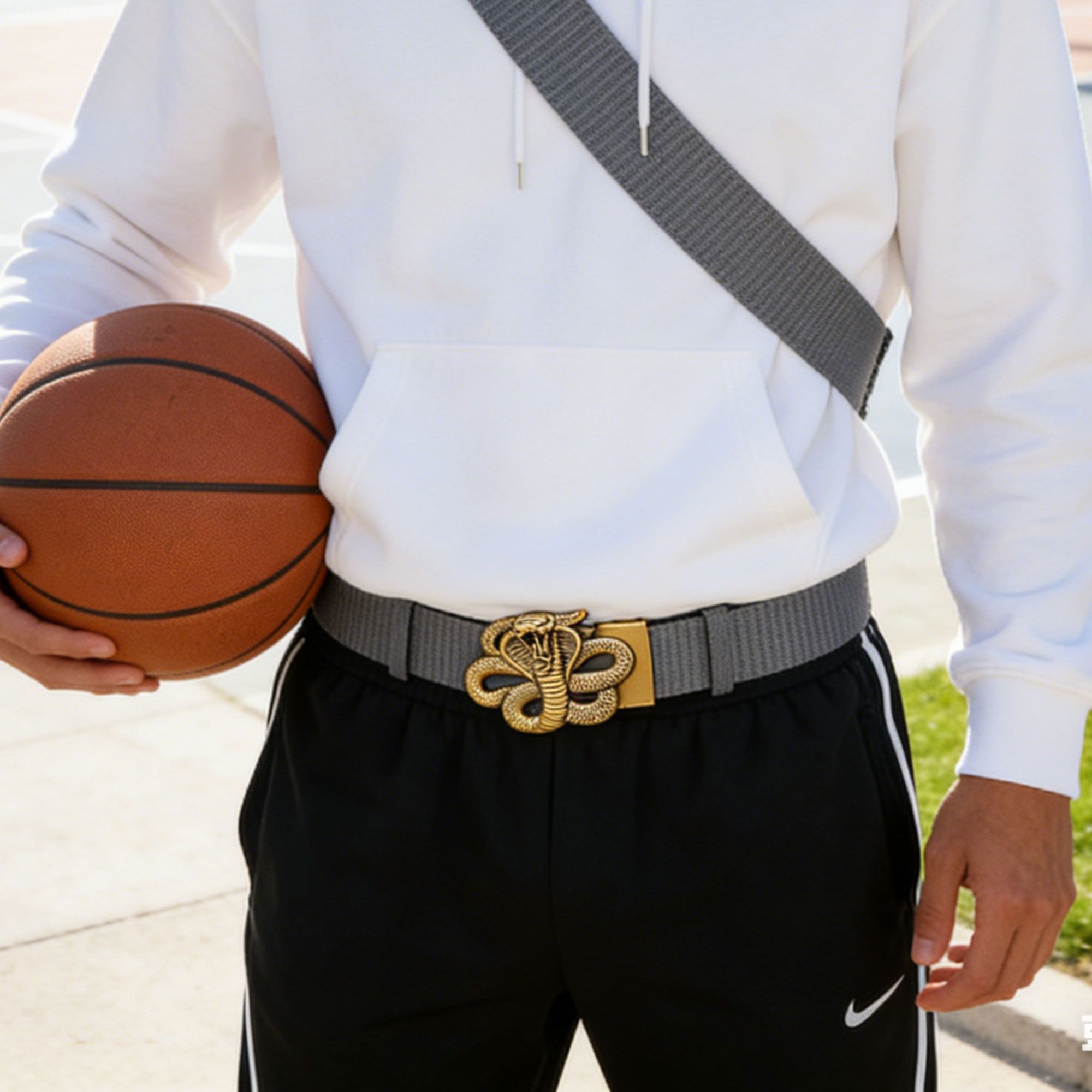 Anna-Kaci Women's Nylon Belt with Gold Cobra Buckle - Bold Statement Buckle Belt for Edgy Casual & Stylish Outfits