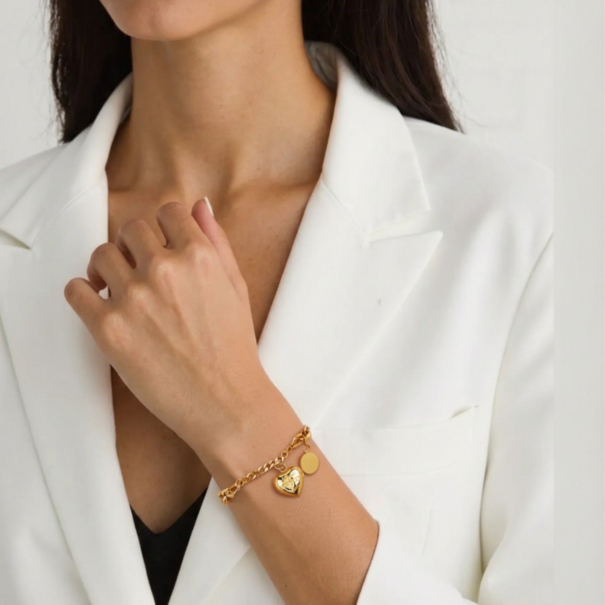 Chain Link Bracelet with Engraved Heart Charm and Smooth Round Pendant Detail for a Chic Polished Modern Accessory Style