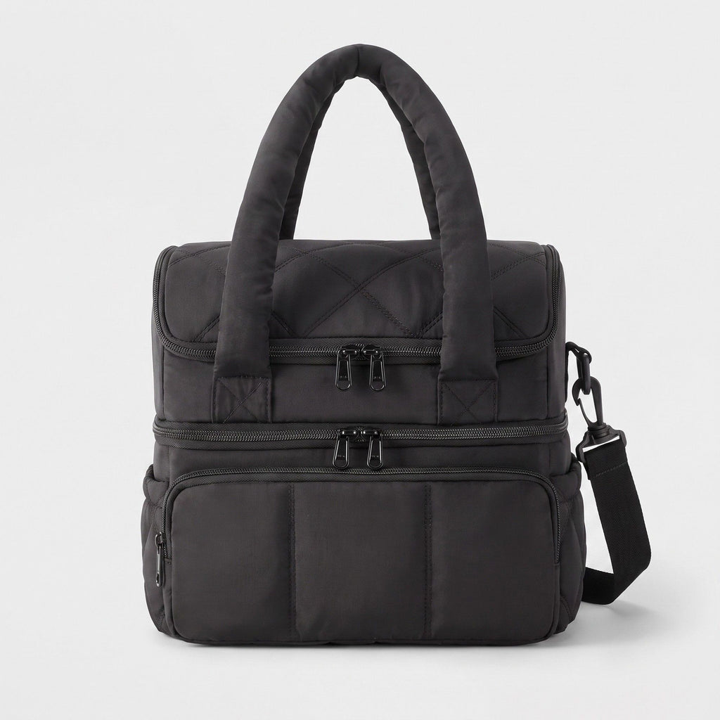 Quilted Multi-Compartment Lunch Tote Bag with Padded Top Handles and Detachable Shoulder Strap 10x10x7.1in
