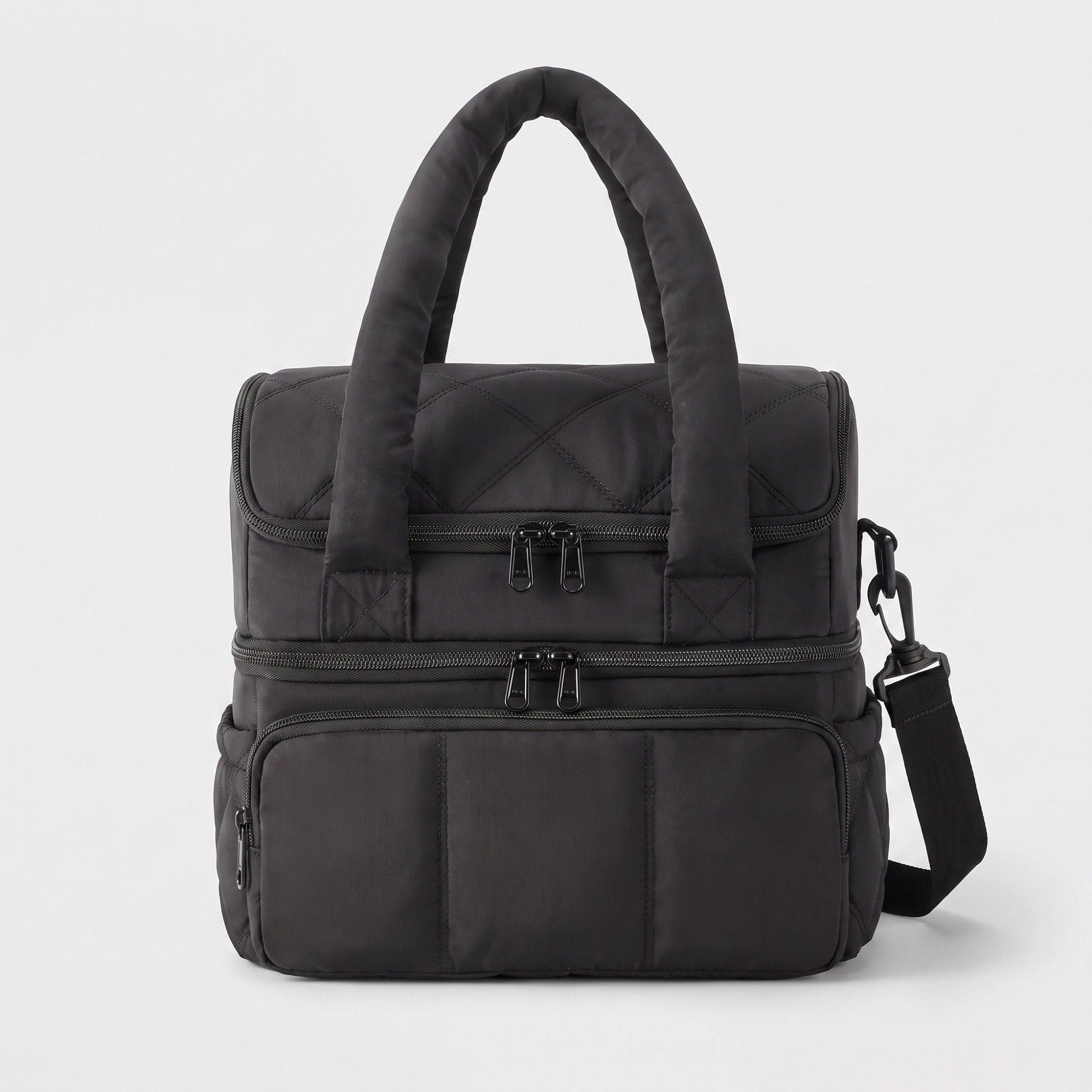 Quilted Multi-Compartment Lunch Tote Bag with Padded Top Handles and Detachable Shoulder Strap 10x10x7.1in