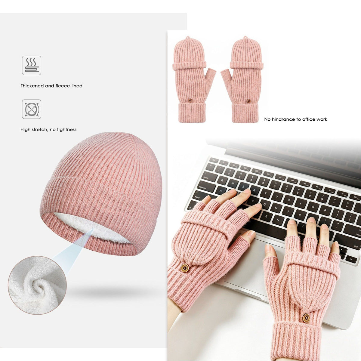 3 Piece Beanie Scarf and Convertible Fingerless Gloves Winter Set
