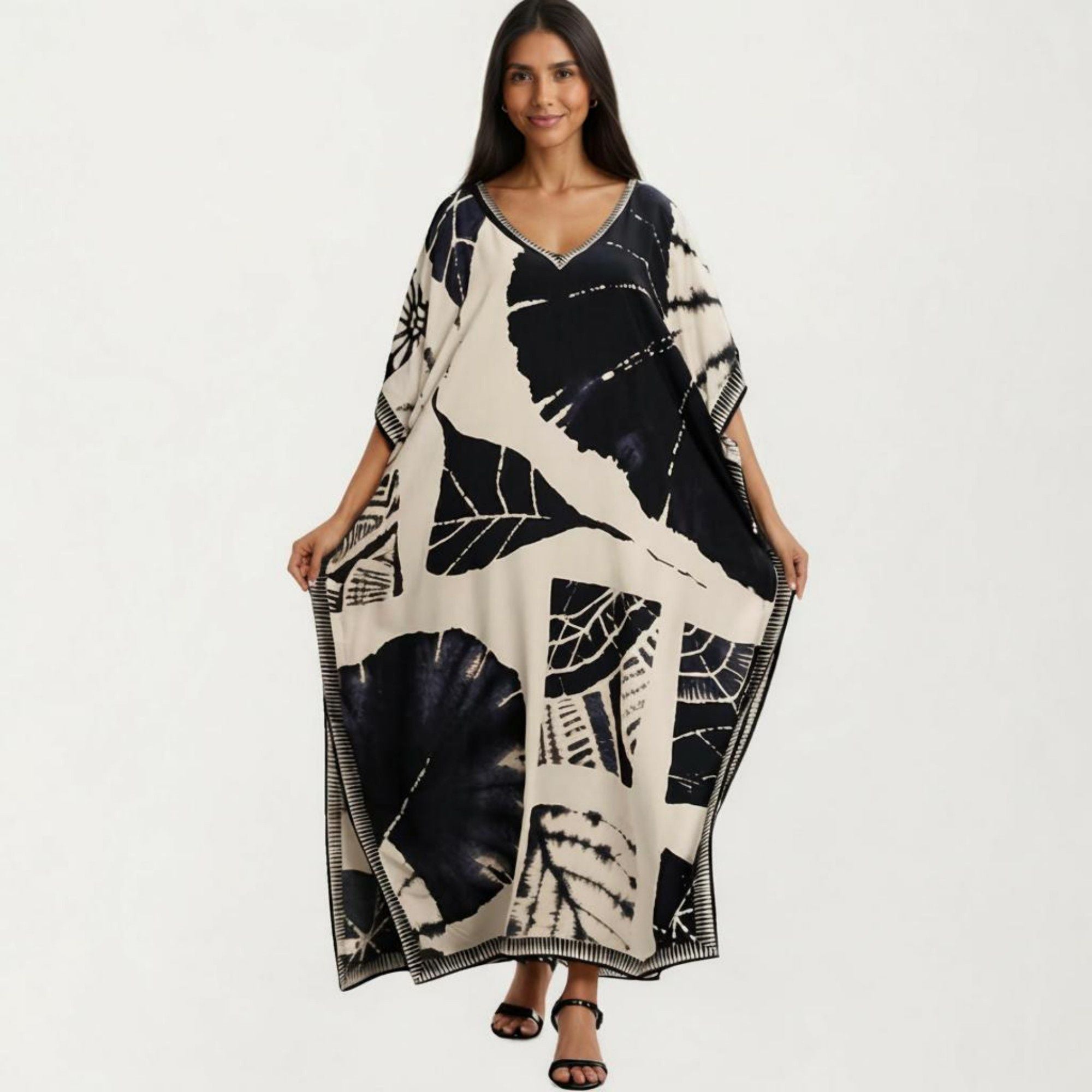Anna-Kaci Women's Abstract Print Maxi Caftan Dress with V-Neckline Short Sleeves and Relaxed Draped Silhouette
