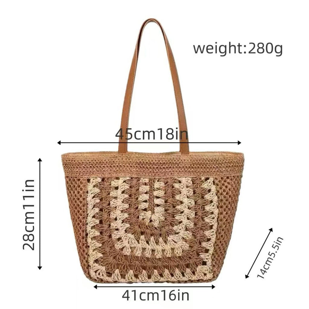 Woven Crochet Tote Bag with Openwork Panel Design Leather Shoulder Strap Lightweight Knit Handbag