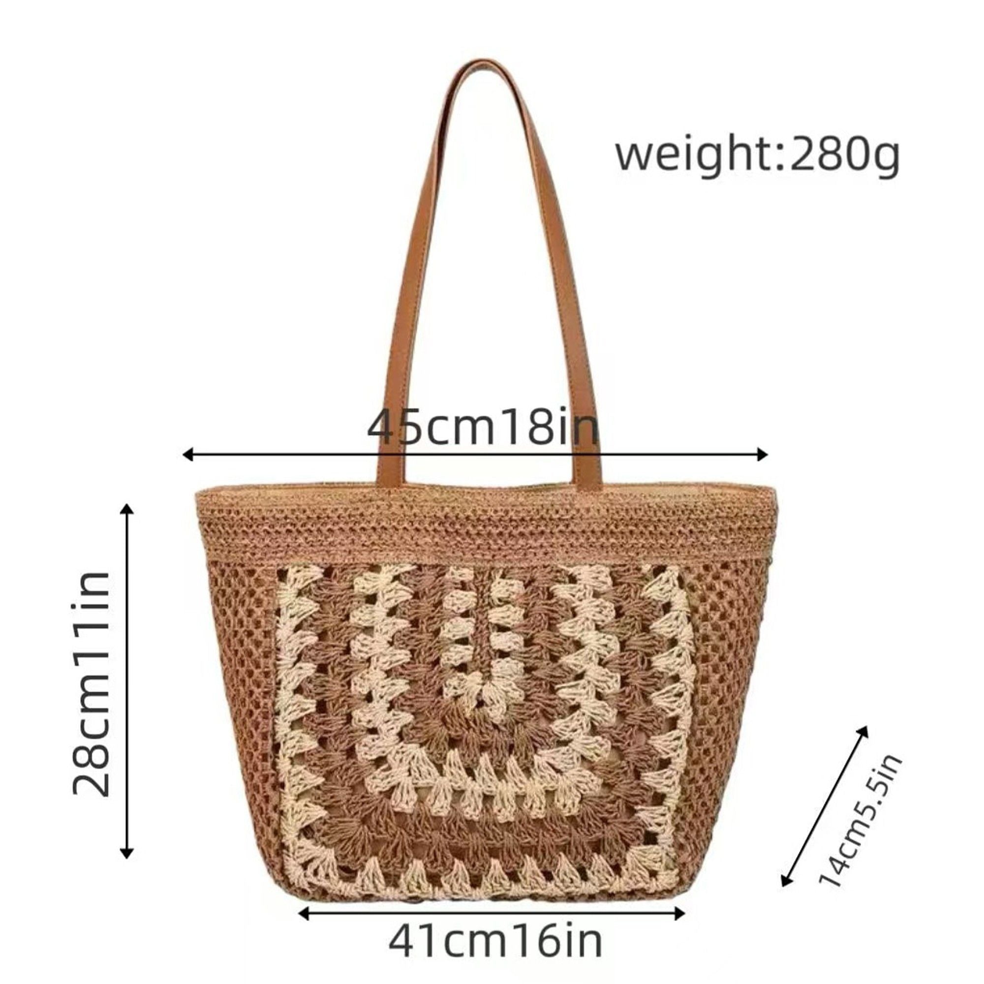 Woven Crochet Tote Bag with Openwork Panel Design Leather Shoulder Strap Lightweight Knit Handbag