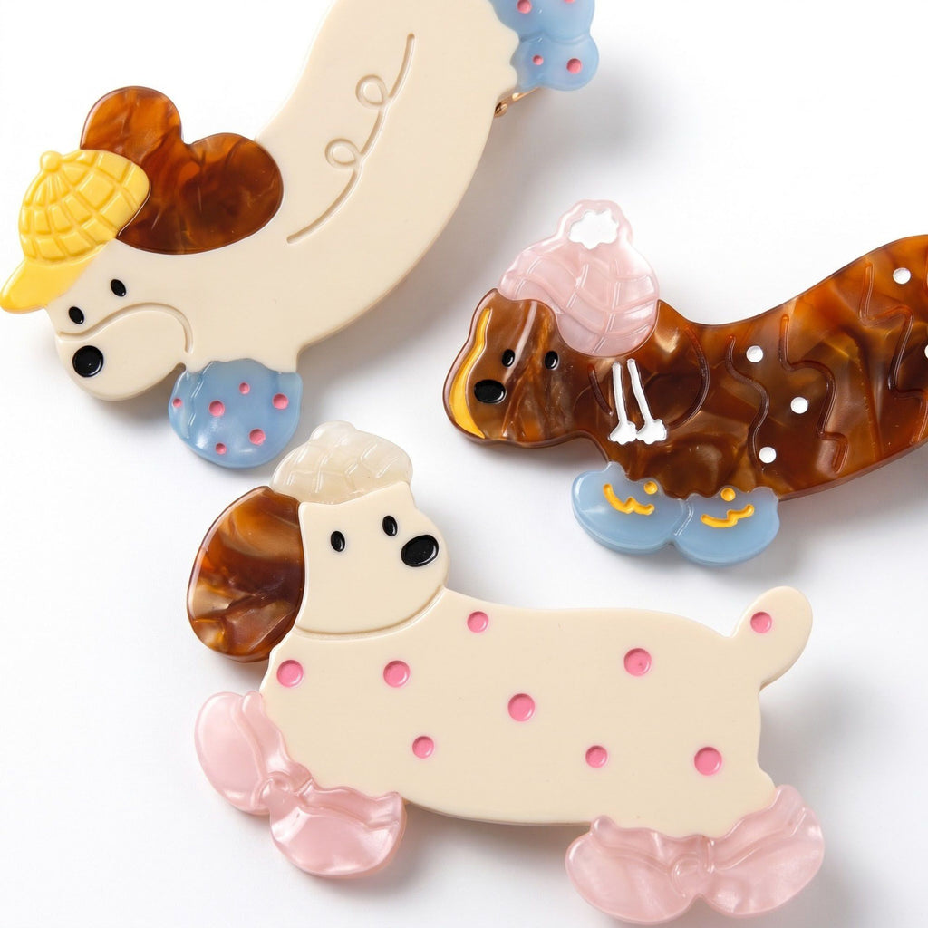 3pc Dachshund Dog Hair Clip Set Colorful Acetate Barrettes