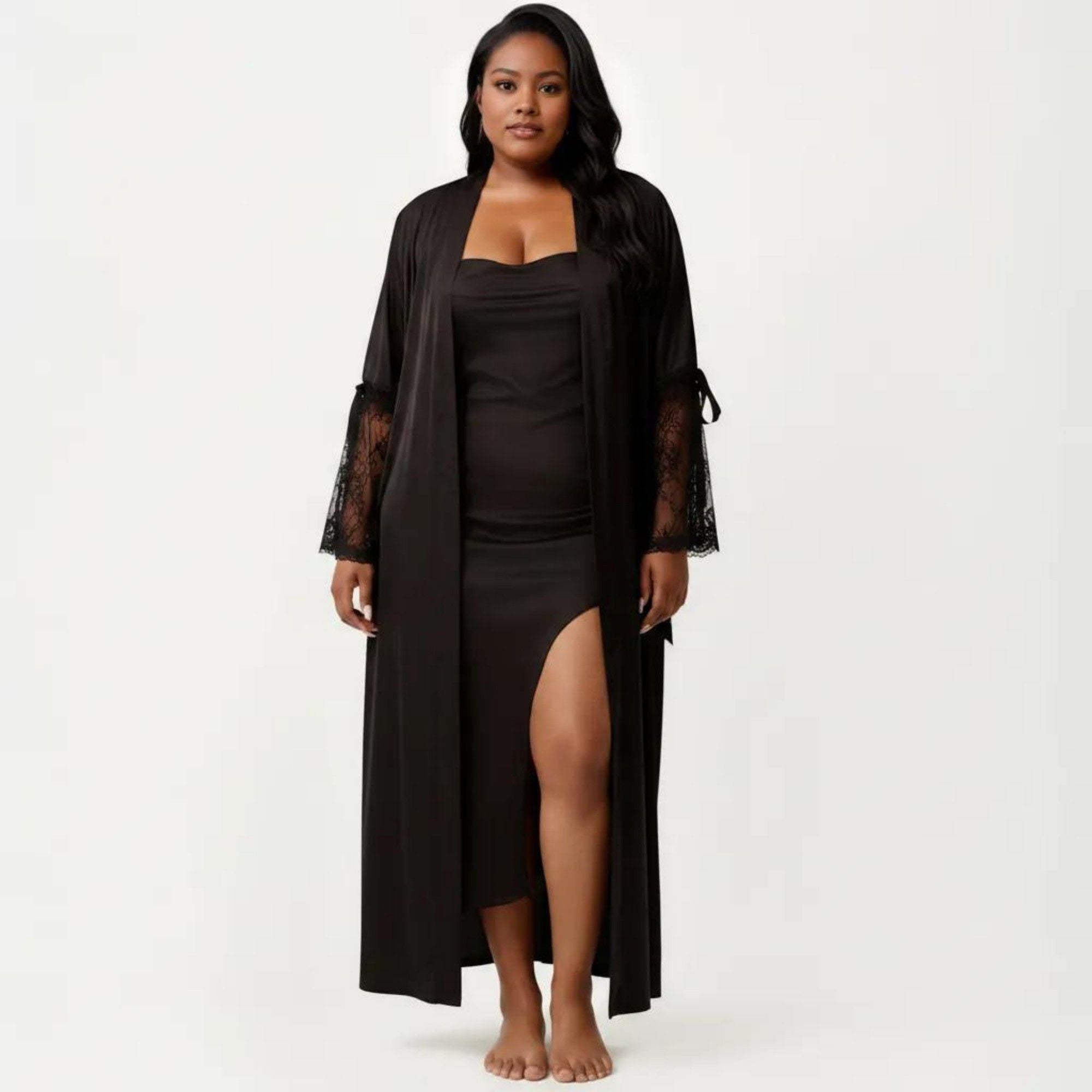 Anna-Kaci Lounge Women's Plus Size Long Satin Robe Lace Sleeve Wrap Nightgown Belted Kimono Sleepwear