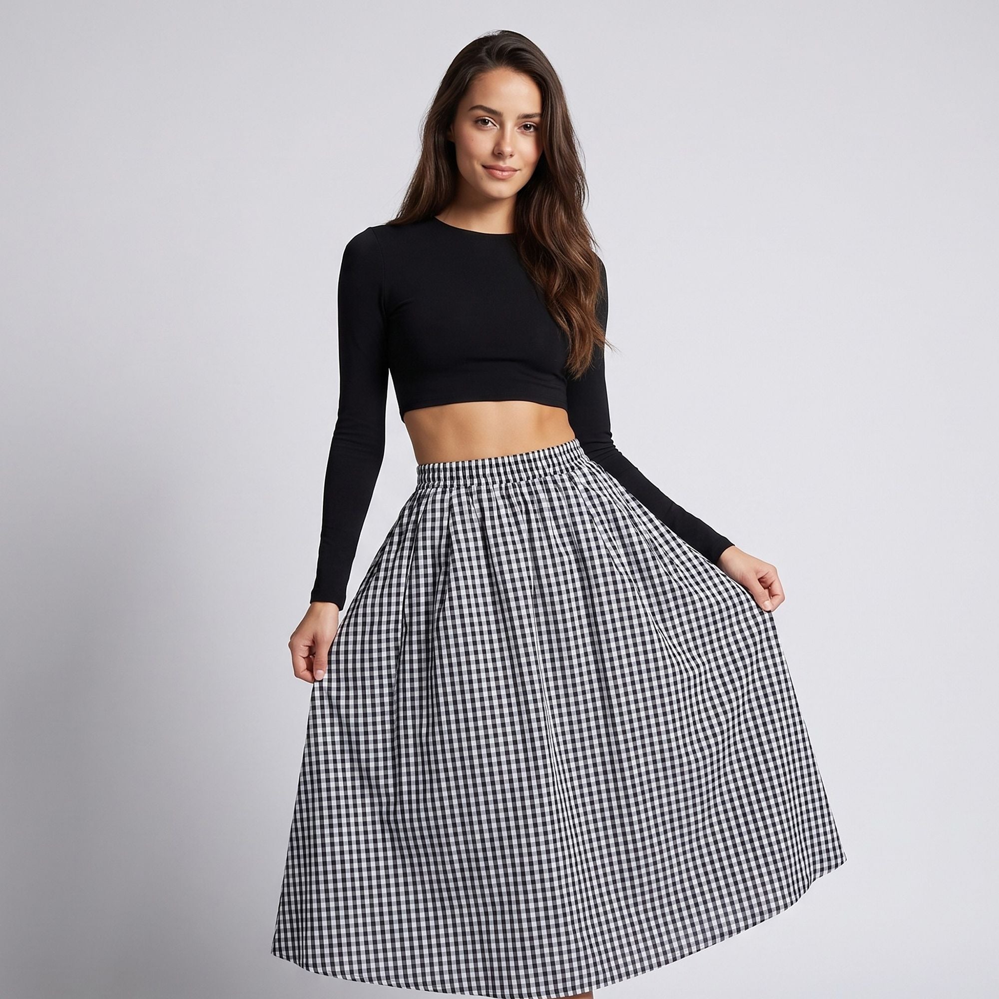 Gingham Midi Skirt with Smocked Waistband, Gathered A-Line Shape and Side Pockets