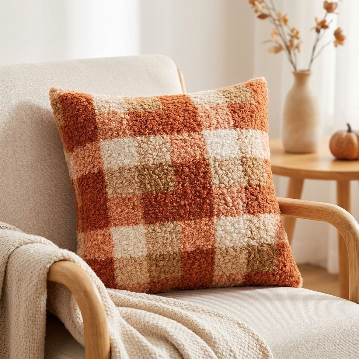Plush Boucle Gingham Checkered Decorative Throw Pillow Cover for Cozy Home Decor 17.7 x 17.7in