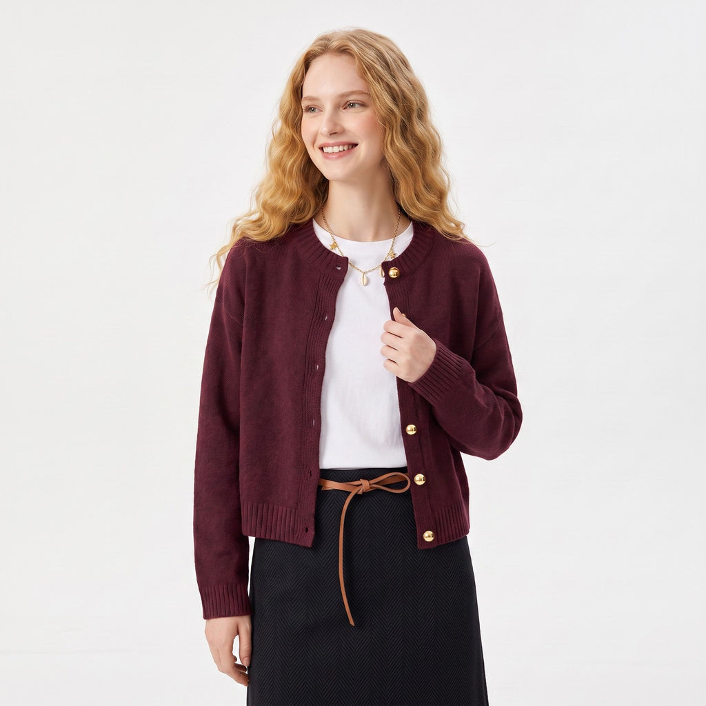 Gold Button Crewneck Cardigan Sweater