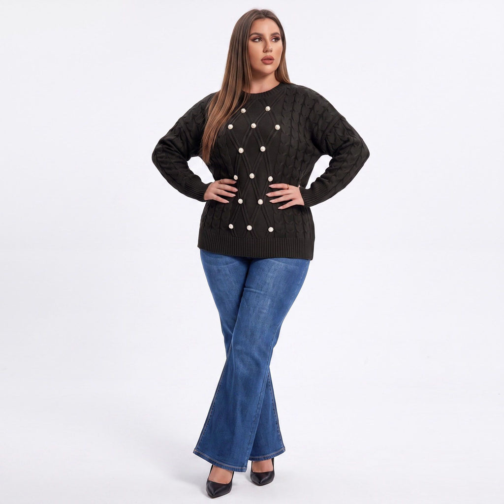 Plus Size Faux Pearl Cable Knit Tunic Sweater