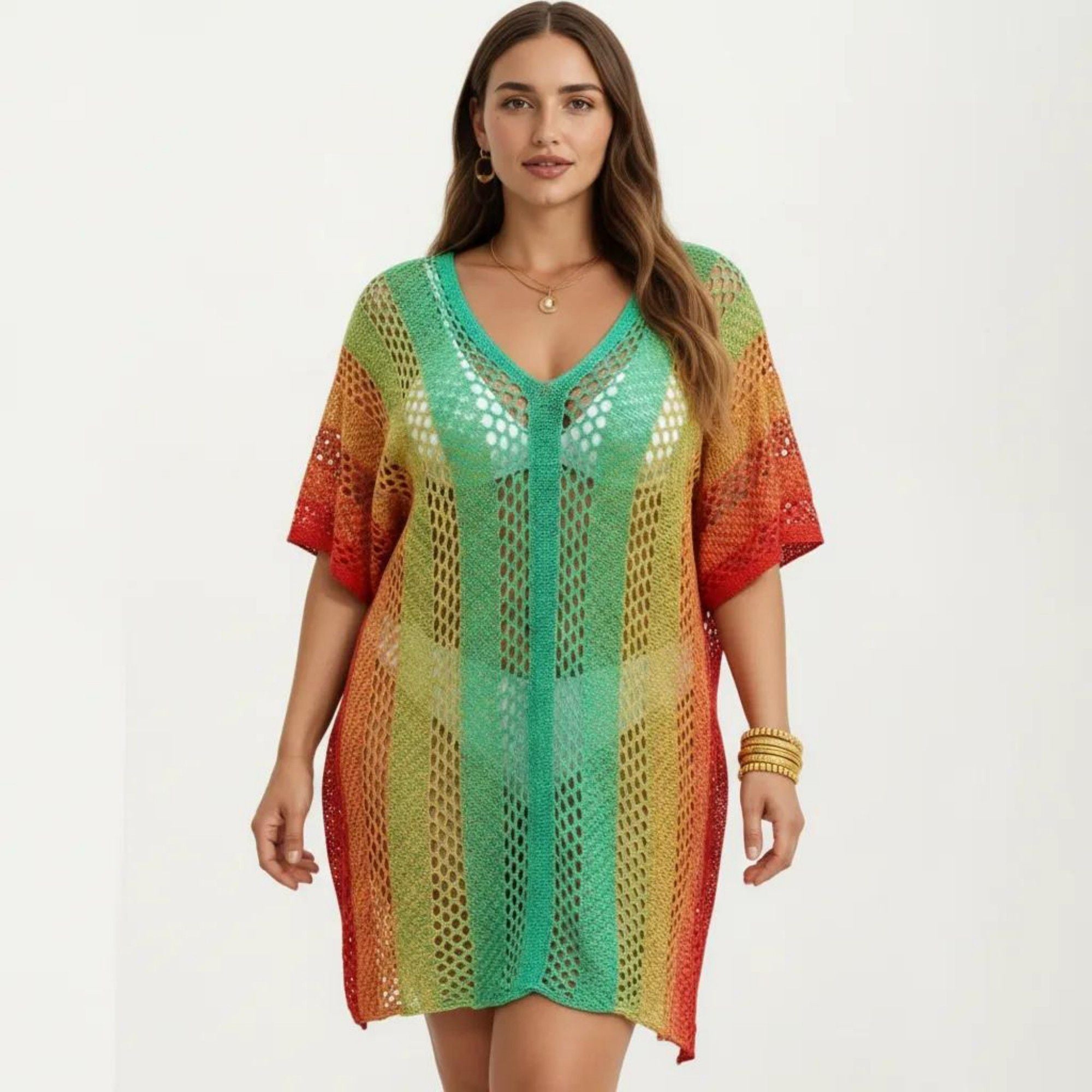 Anna-Kaci Women's Ombre Crochet Swim Cover Up Dress with Open Knit Mesh Design V Neck Short Sleeves Relaxed Fit