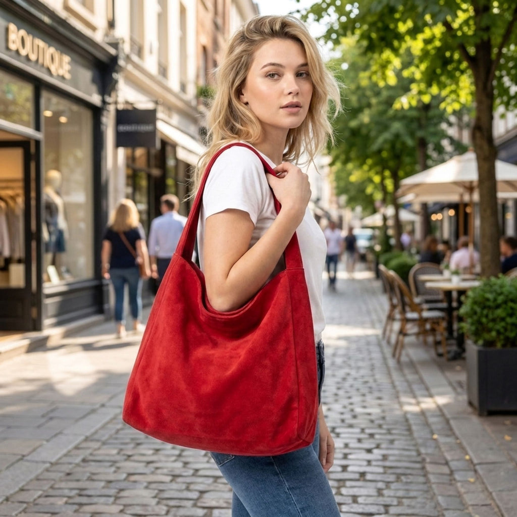 Faux Suede Tote Bag Large Capacity Slouchy Shoulder Bag with Magnetic Closure