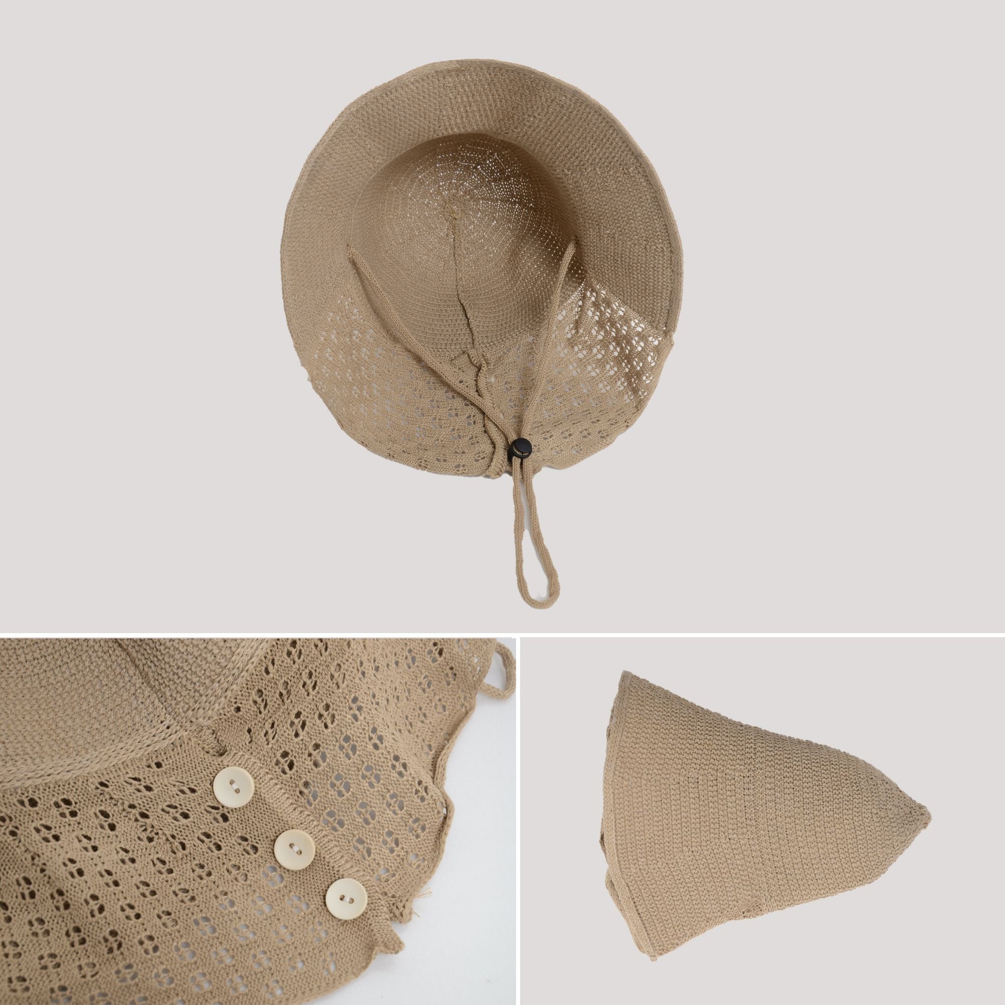 Anna-Kaci Crochet Bucket Hat with Adjustable Chin Strap and Back Button Eyelet Panel for Sun Protection