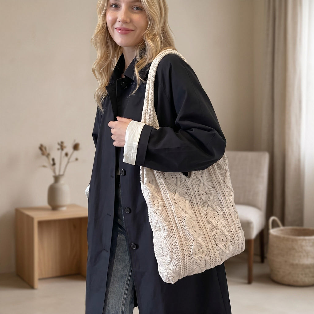Cable Knit Shoulder Tote Bag Soft Textured Slouchy Lightweight Everyday Carryall