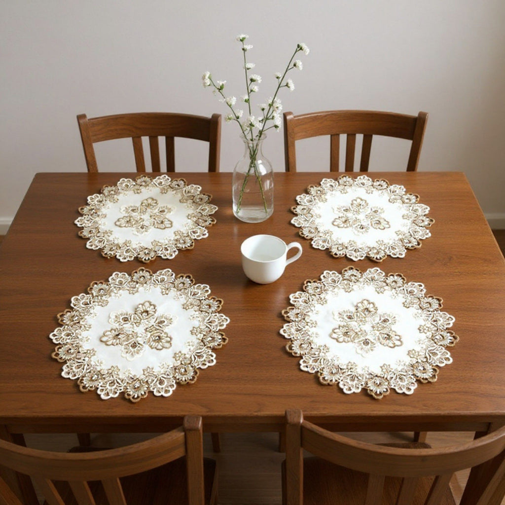 Round Embroidered Lace Doily with Floral Cutwork and Scalloped Edges 23.5in