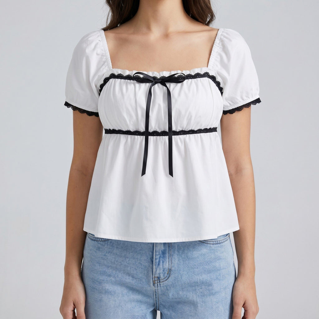 Square Neck Puff Sleeve Blouse Bow Tie Lace Trim Smocked Peplum Top