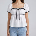 Square Neck Puff Sleeve Blouse Bow Tie Lace Trim Smocked Peplum Top
