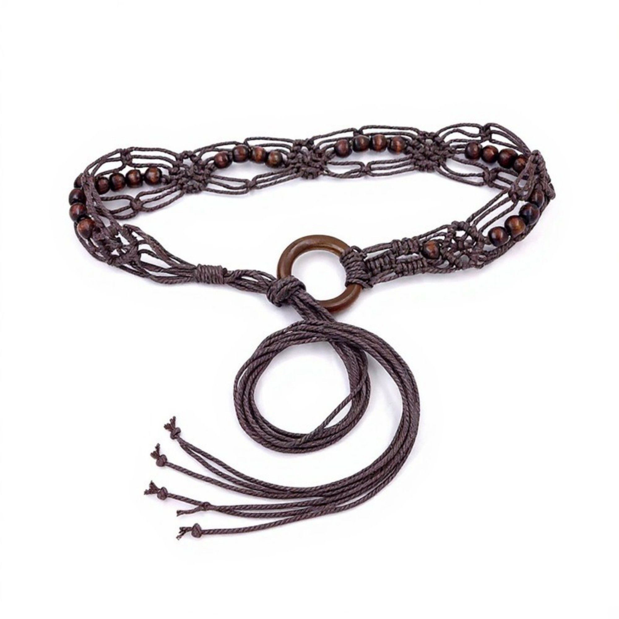 Anna-Kaci Women's Woven Rope Belt with Large Circular Buckle and Bohemian Knot Detail 49in