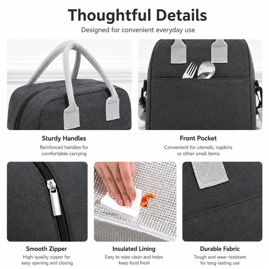 Insulated Lunch Tote Bag with Front Pocket and Adjustable Shoulder Strap