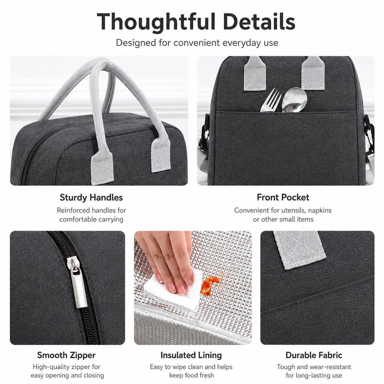 Insulated Lunch Tote Bag with Front Pocket and Adjustable Shoulder Strap