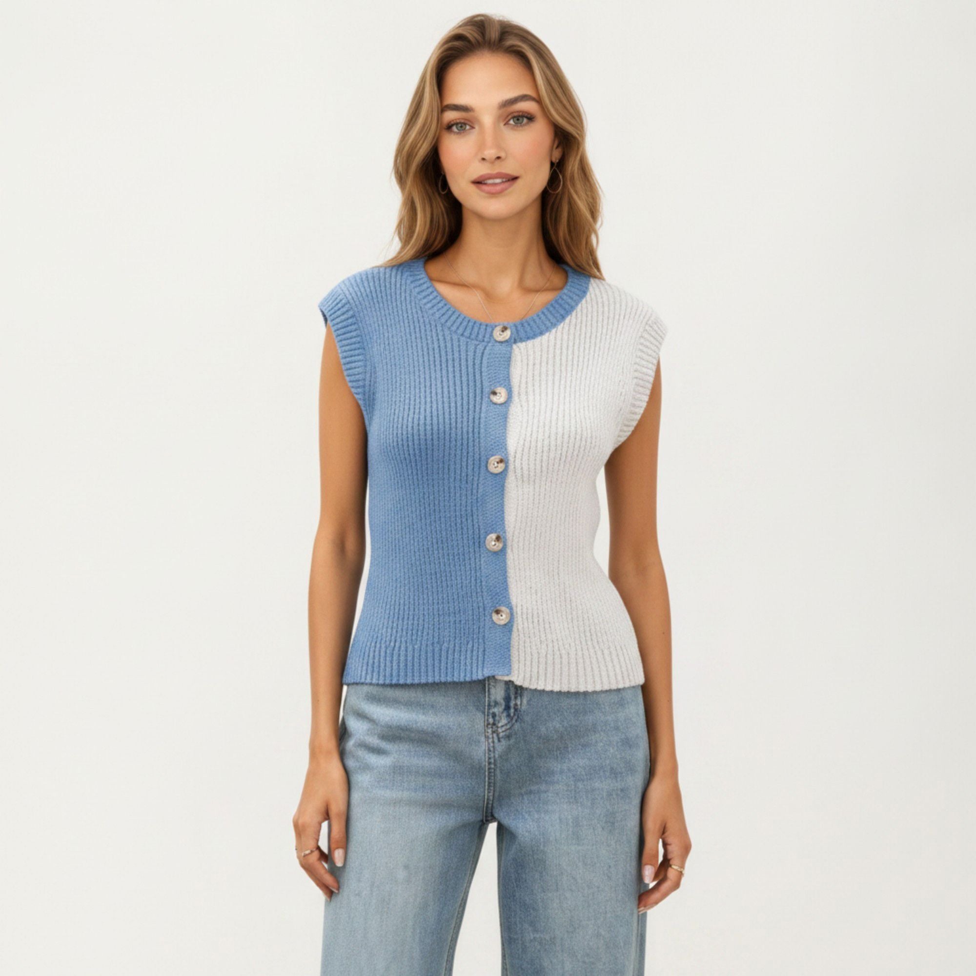 Anna-Kaci Women's Sleeveless Colorblock Knit Vest with Button Front and Ribbed Trim