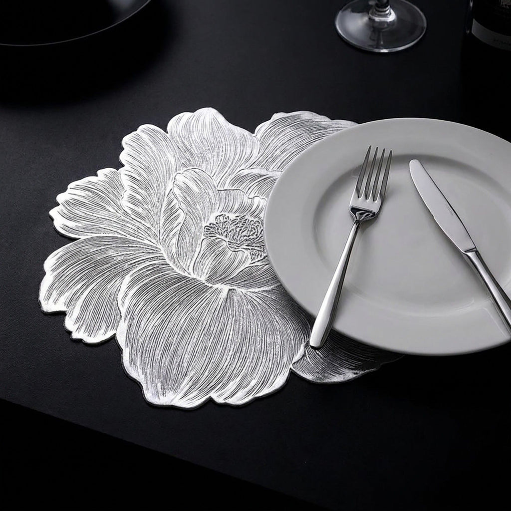 4-Pack Floral Round PVC Placemats Metallic Textured Heat Resistant Table Mats