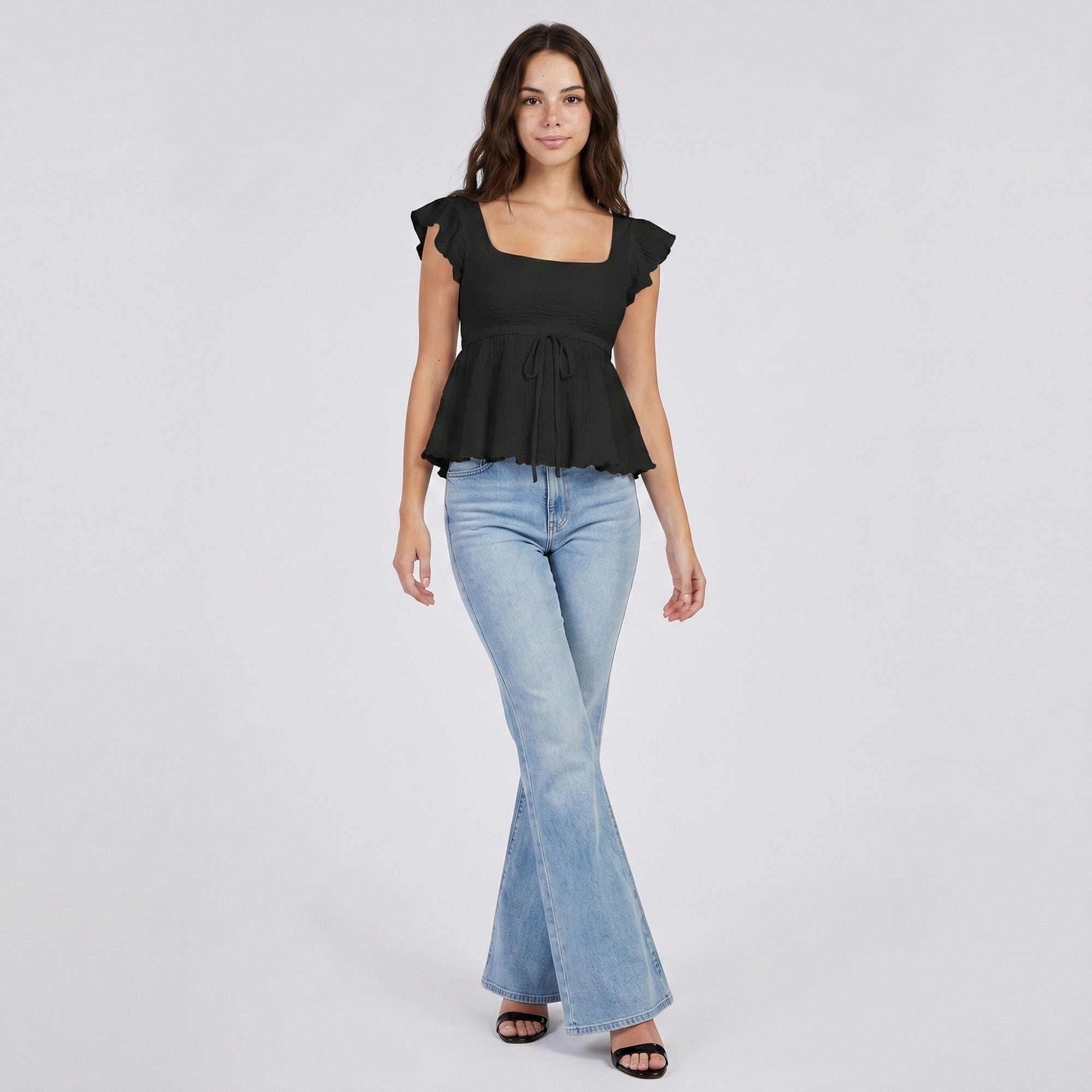 Anna-Kaci Womens Square Neck Peplum Top with Ruffle Cap Sleeves Front Tie Detail and Textured Fabric