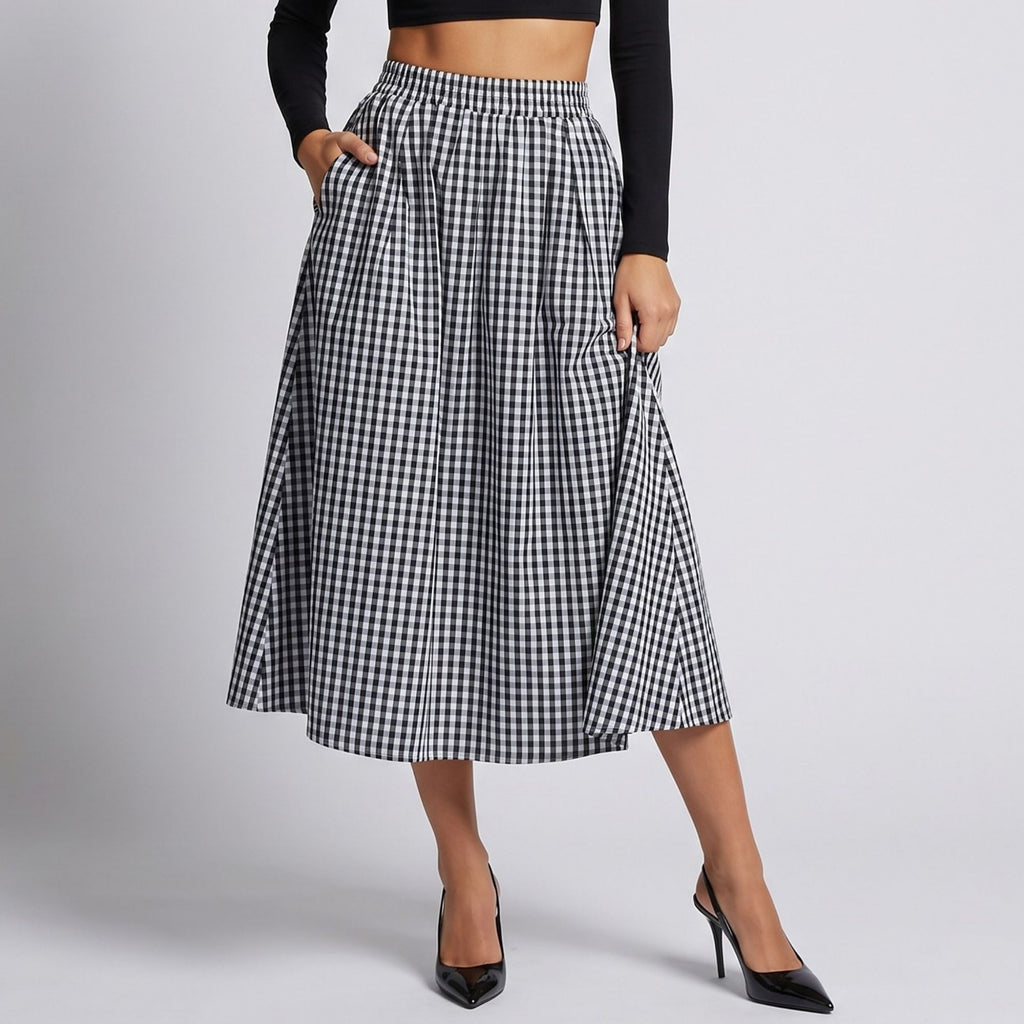 Gingham Midi Skirt with Smocked Waistband, Gathered A-Line Shape and Side Pockets