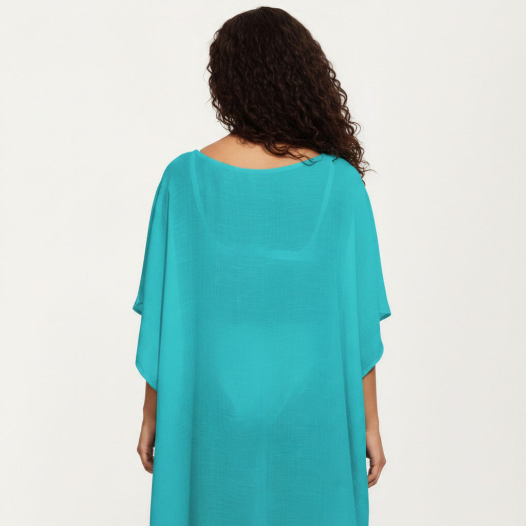 Anna-Kaci Women's Crochet Trim Swim Cover Up Dress Loose Short Sleeve Lightweight Beach Kaftan