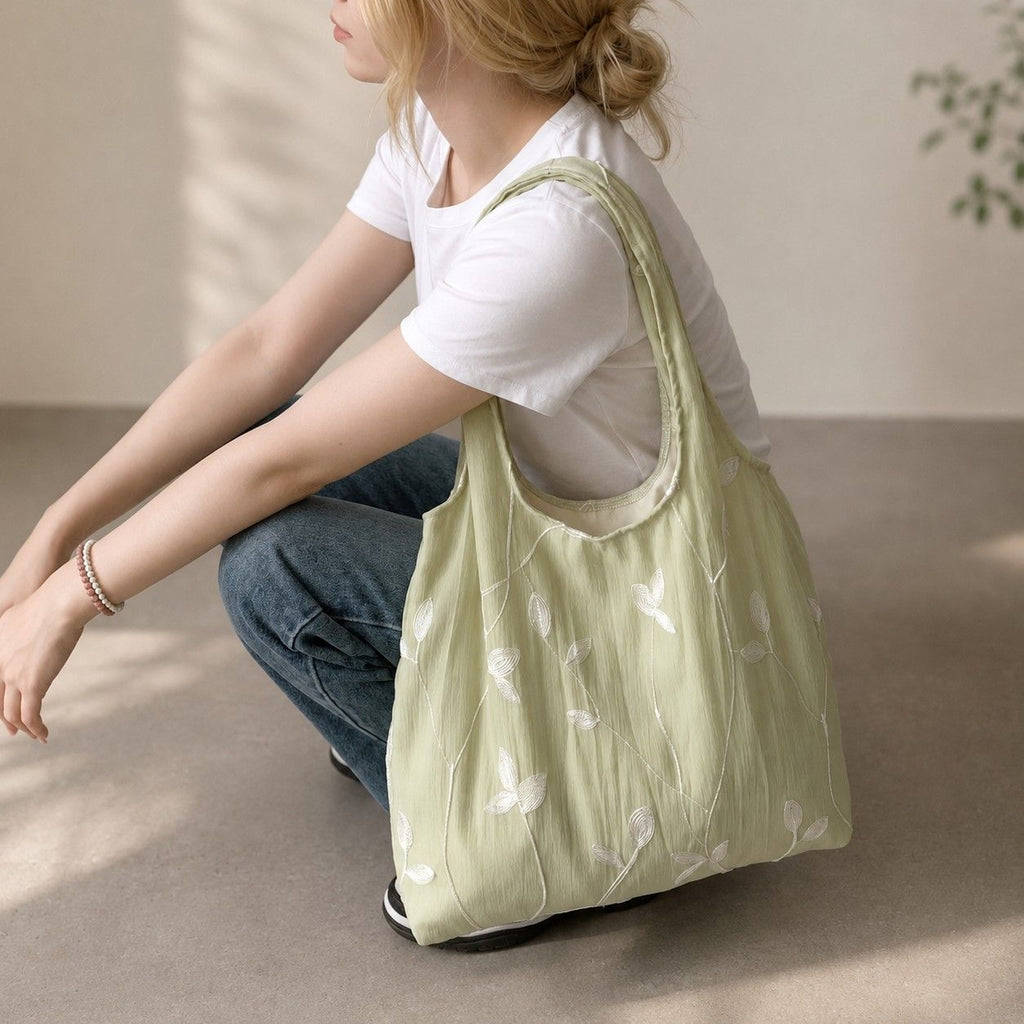 Embroidered Leaf Shoulder Tote Bag Lightweight Foldable Everyday Bag for Women