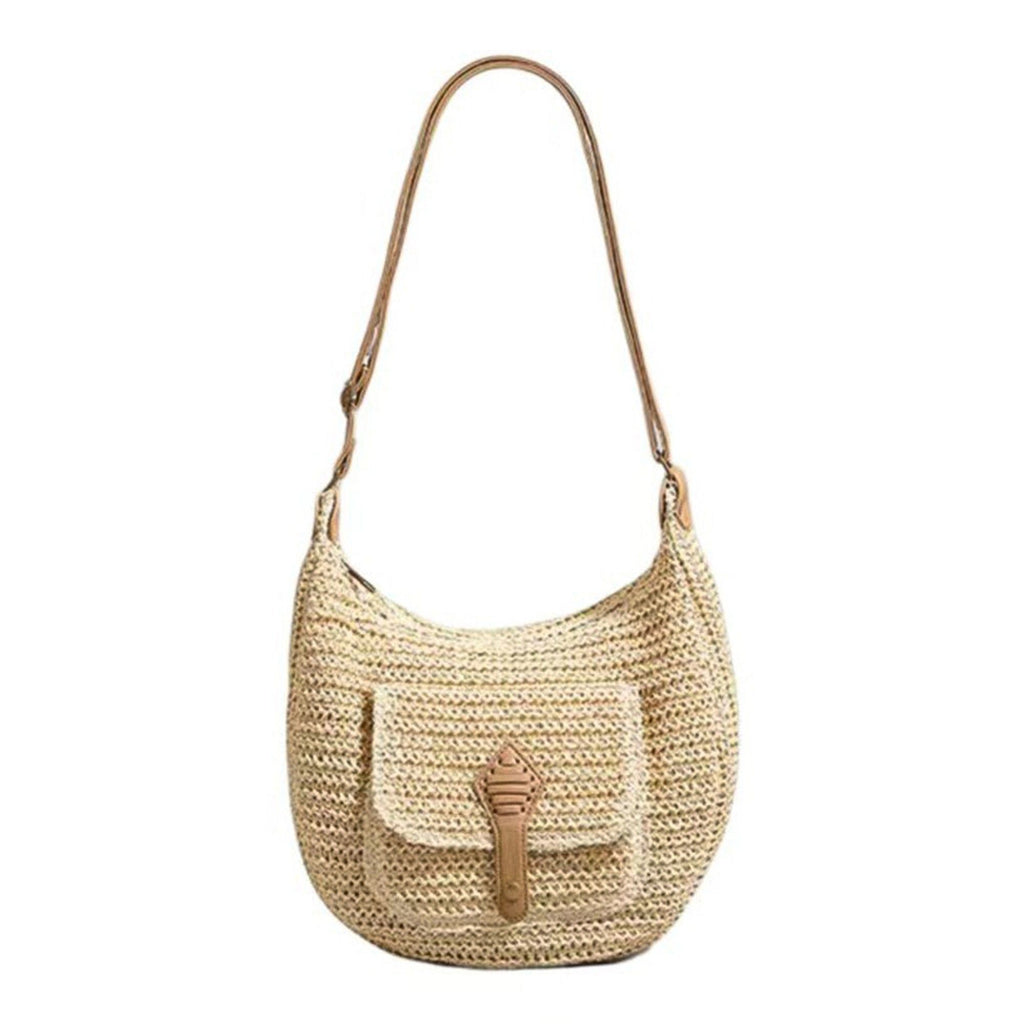 Woven Crochet Hobo Bag with Flap Pocket Leather Strap Slouchy Shoulder Handbag Lightweight Knit Tote