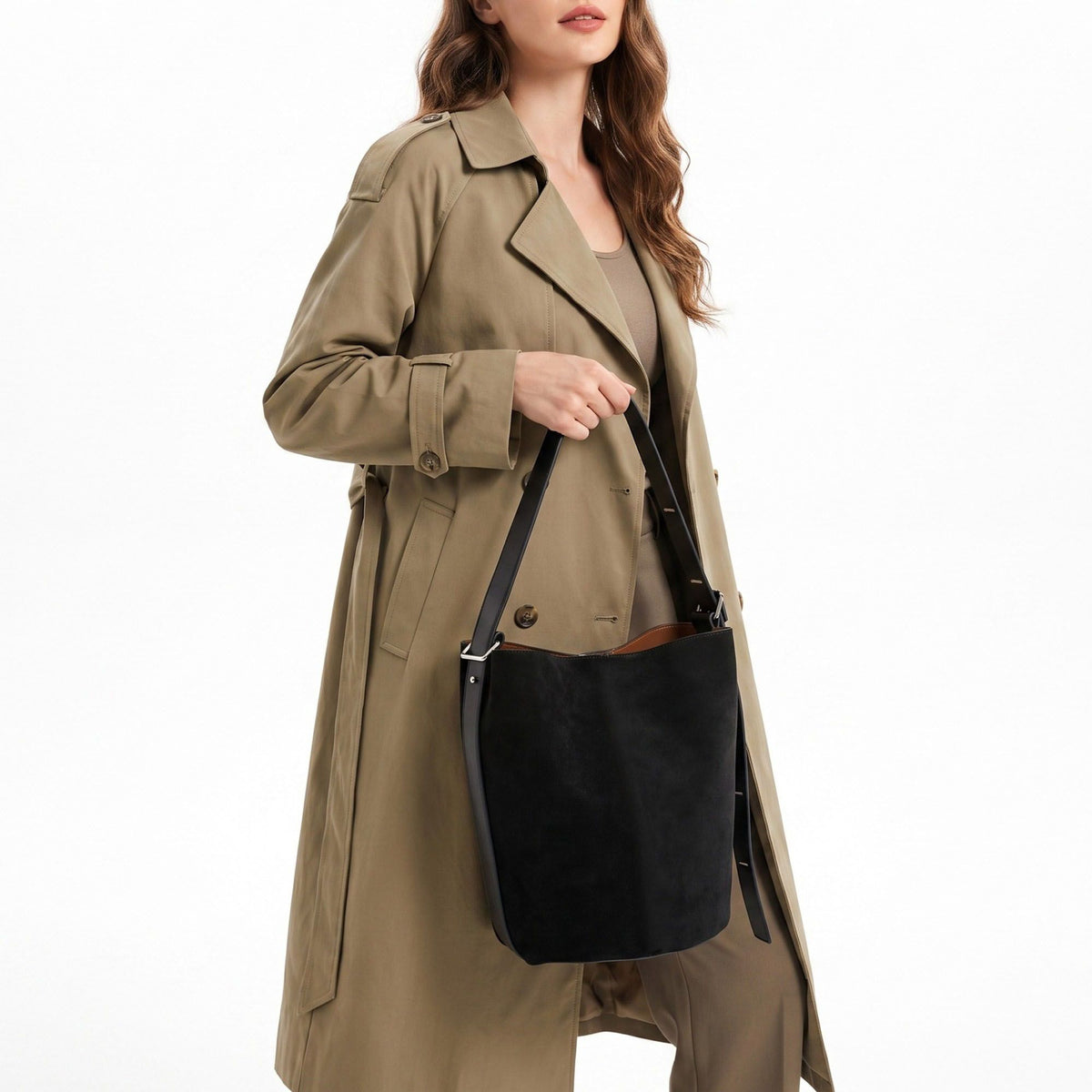 Suede Look Bucket Shoulder Bag with Adjustable Wide Strap