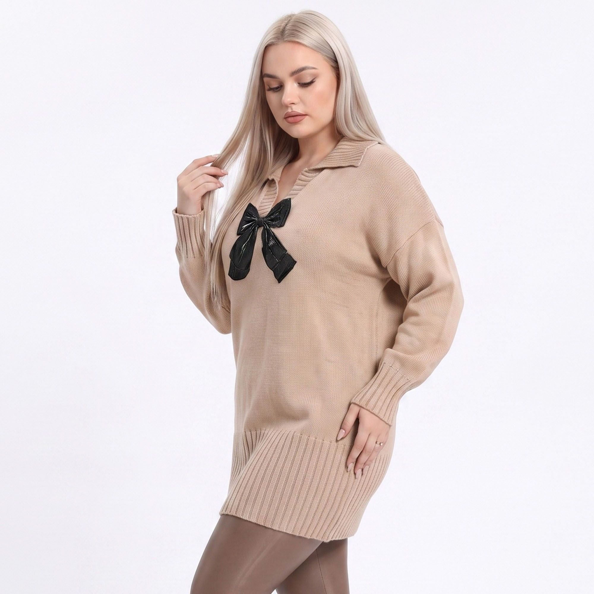 Plus Size Bow Detail Collared Sweater Dress